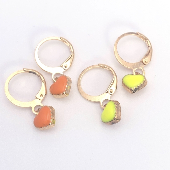 2 Pairs! Orange and Yellow Enamel Heart Earrings - Picture 2 of 4